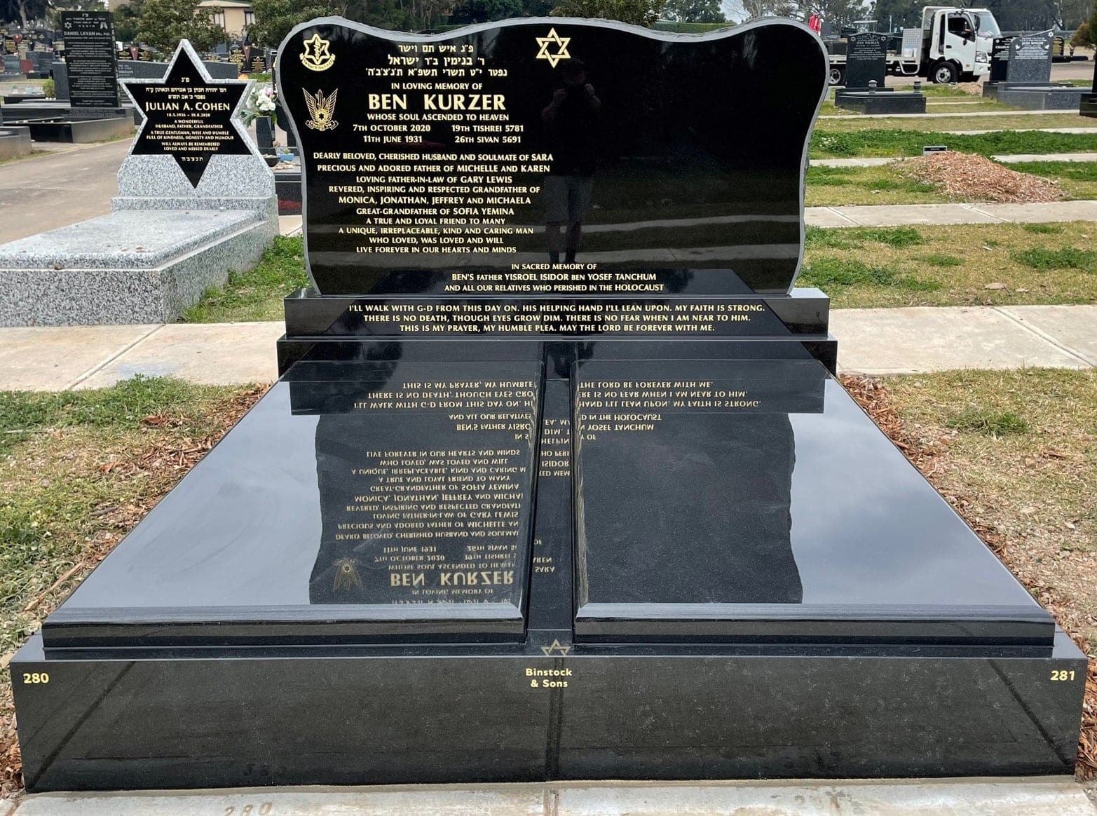 Double full Jewish gravestone with a custom shaped headstone, gold leaf lettering, and jet black granite.