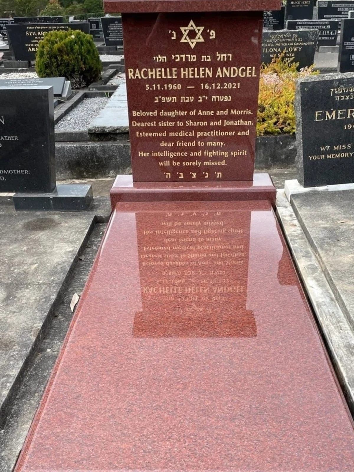 Single full Jewish monument with a square roof shaped headstone, gold leaf lettering, and ruby red granite.