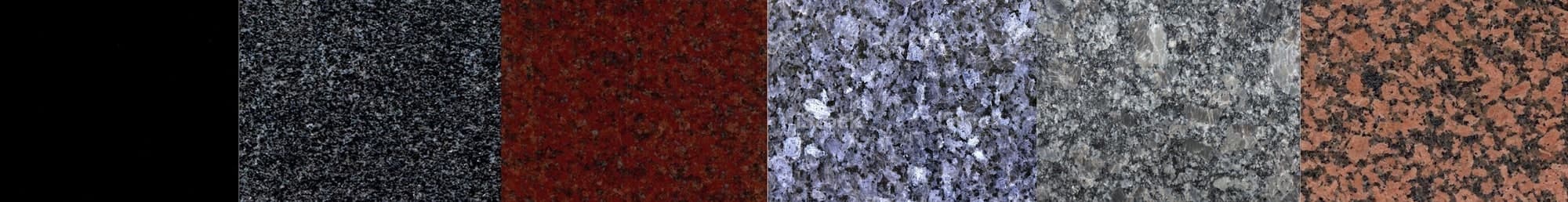 Granite samples: Jet Black, Noble Grey, Ruby Red, Blue Pearl, Steel Grey, Balmoral Red